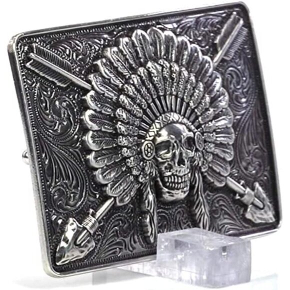 🆕Men's Antique Silver Metallic Imported Rectangle Chief Skull  Belt  Buckle - Picture 7 of 9